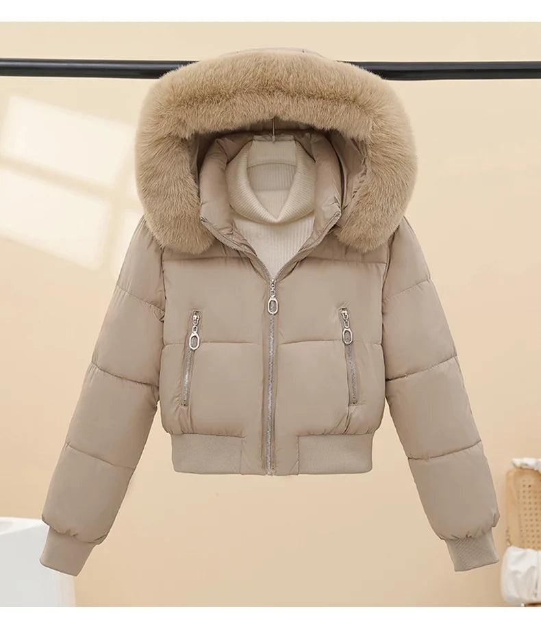 2025 Winter New Short Cotton Jackets Long Sleeve Loose Short Women's Parka Coats Hooded Big Fur Collar Down Cotton Padded Coats