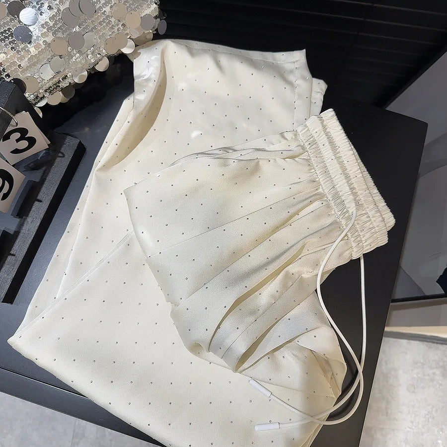 2026 High Quality Luxury Full Rhinestone Wide Leg Pants Fashion New Drawstring High Waist Straight Pants Ladies Casual Trousers