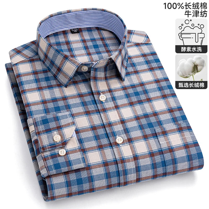 S-6XL Oxford Shirts for Men Long Sleeve Pure Cotton Solid Stripe Leisure Embroidered Horse Streetwear Business Plain Office 6XL