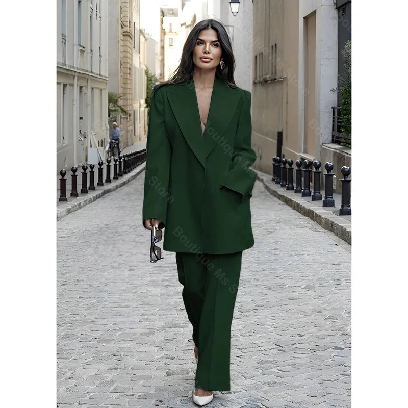 Chic Loose White Single Breasted Women Pants Set New Female Two Pieces(Blazer+Trousers) conjuntos femininos elegantes