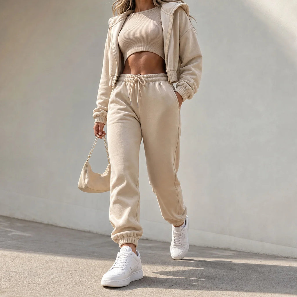 Women's Matching Hoodie 2-Piece Set Spring Long Sleeve Solid Color Drawstring Hip Hop Sport Tracksuit with Long Pants Gathering