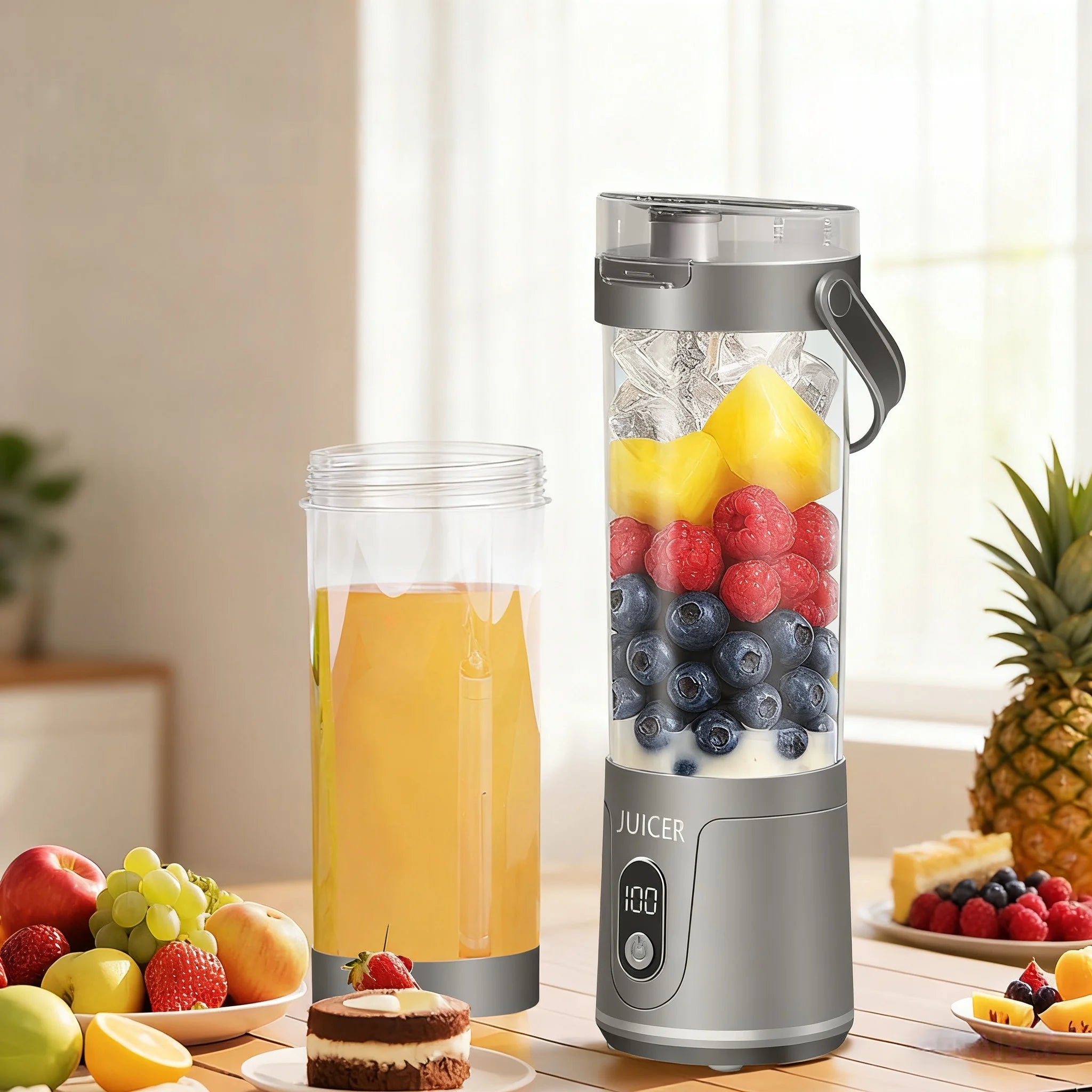 Portable Blender,2 IN 1 Electric Juicer Bottle for Fresh Juice,600ML BPA Free Traveling Juicer Cup and Lid with 12 Blades,Mini B
