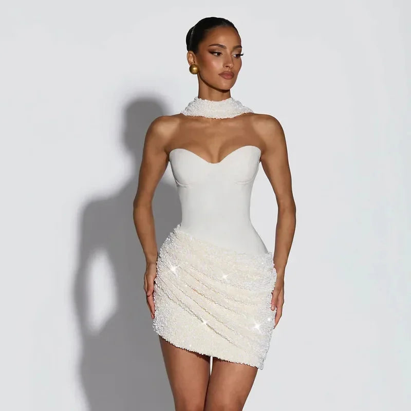 Sexy Sequin Pleated Strapless Mini Dress Women Chic  Scarf Collar Off Shoulder Waist Cinching Dresses Lady Evening Party Gown
