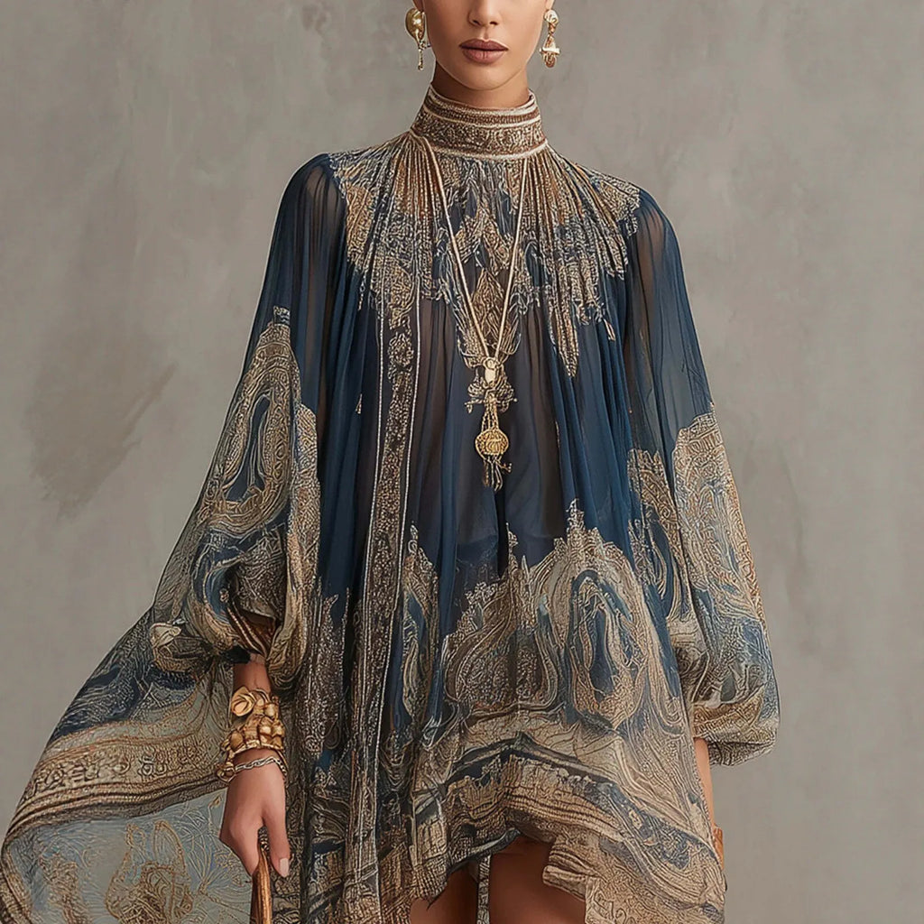 2026 New European and American Turtleneck Printed Chiffon Dress Loose Vacation Style Shawl Long-Sleeved Women's Dress
