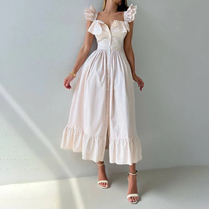 Fashionable Striped Ruffle Pleated Women's Dress Elegant Solid Square Neck Single Button Dresses Female Summer Chic Casual