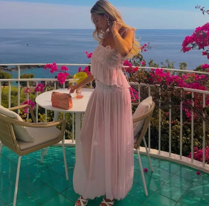 Women Pink Lace Double Strap Crop Top Two Piece Set Boho Sleeveless Flowy Matching Outfit 2026 Seaside Vacation Casual Outfits
