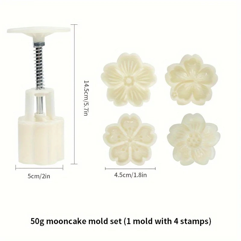 Mooncake Press Molds,Mid Autumn FestivalMooncake Mold Set 50g Flower Moon Cake Mold with4Pcs Stamps