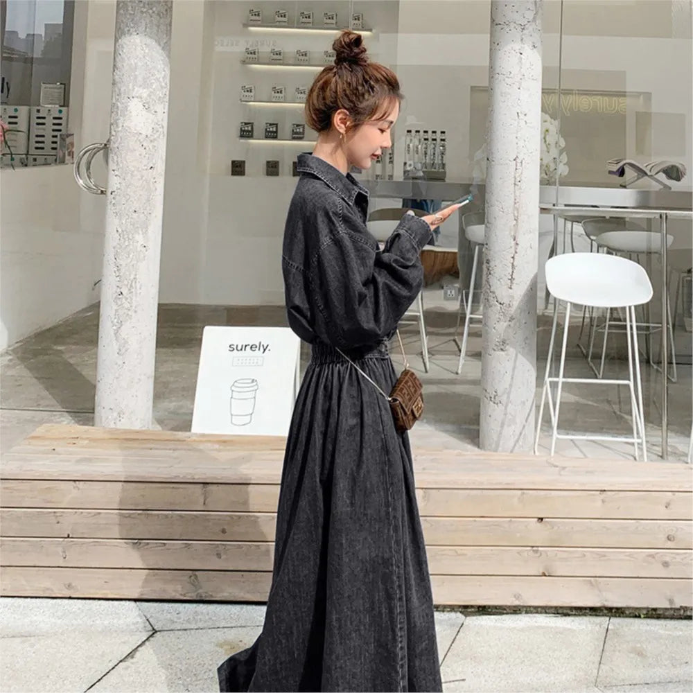Denim long dress women A-line high waisted long sleeves casual roupas femininas