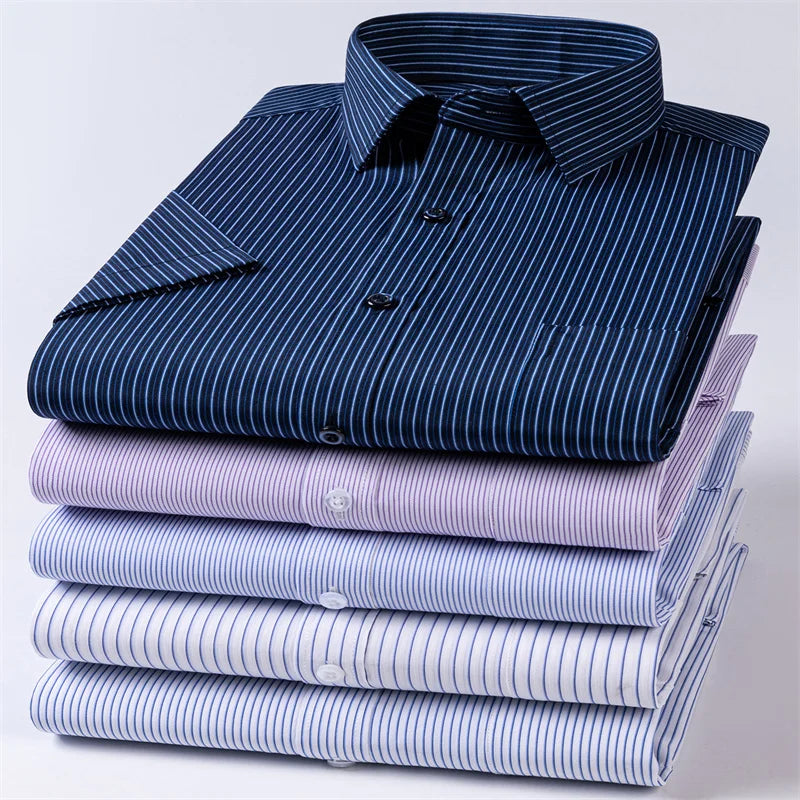 Men Formal Shirt Short Sleeve Office Solid Color Striped Fashion Business Pocket White Social Shirt Men's Clothing 5XL 6XL