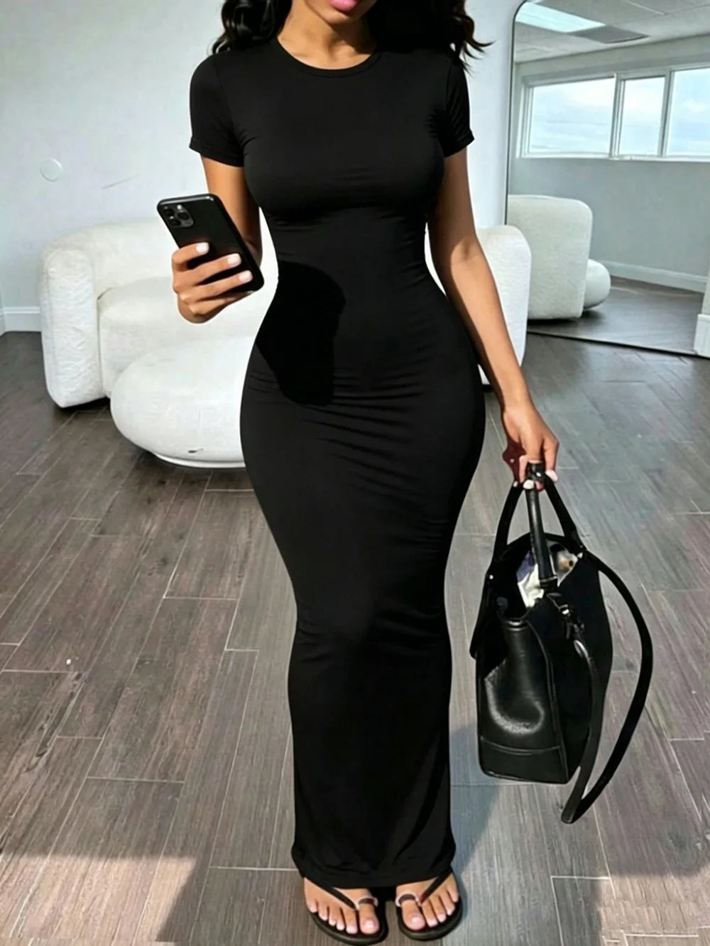Sexy Skinny Women's Bodycon Party Dress Fashion O-neck Short Sleeve Solid Color Wraped Hip Package Long Dress Female Sexy Dress