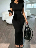 Sexy Skinny Women's Bodycon Party Dress Fashion O-neck Short Sleeve Solid Color Wraped Hip Package Long Dress Female Sexy Dress