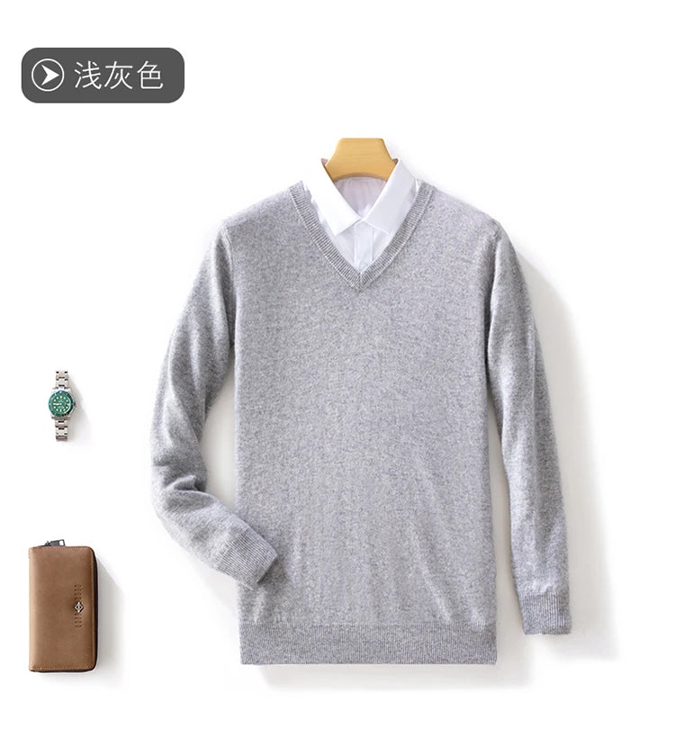 100% Merino Wool Men's V-Neck Pullover Autumn and Winter Basic Knit Versatile Sweater Casual Long Sleeve Shirt Cashmere Man Top
