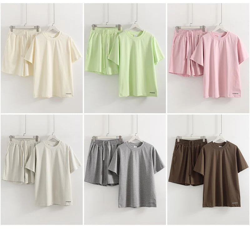 Summer 2 Piece Shorts Set Woman Cotton Brown Oversized T Shirts And Shorts Two Pieces Outfits For Women White Short Sets Pink
