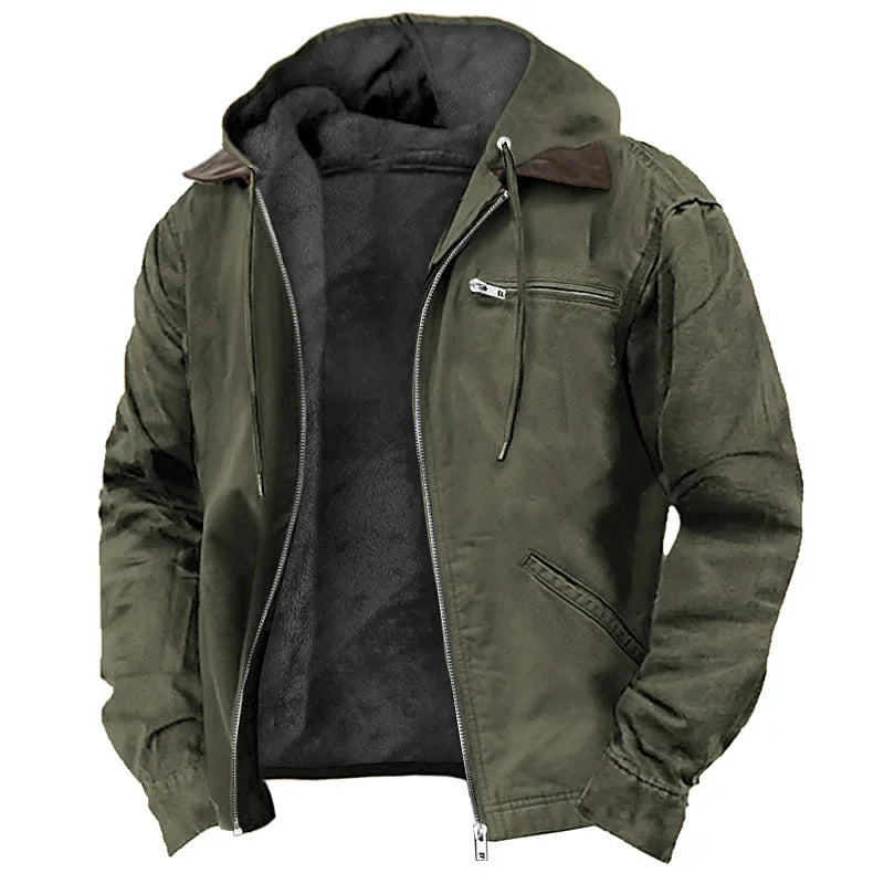 Men's Autumn Casual Retro Hooded Zipper Solid Fleece-lined Warm Fleece Jackets Male Multi Pocket Outdoor Hoodies Coats Outerwear