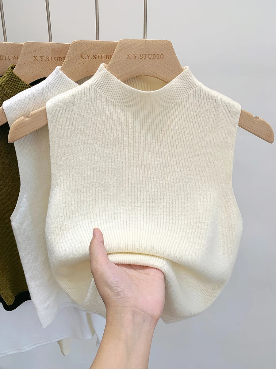 2026 Women Knitted Tank Top Spring Summer Slim Sweater Short Sleeveless Solid Spring Autumn Sweaters Pullovers