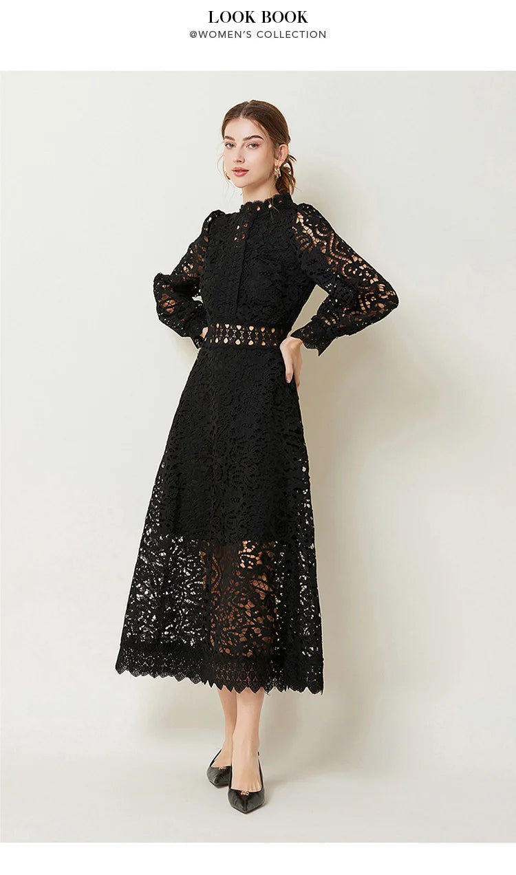 Solid Lace Holloe Out Slimming Elegant Dresses For Women Stand Collar Long Sleeve High Waist Minimalist Dress Female Fashion