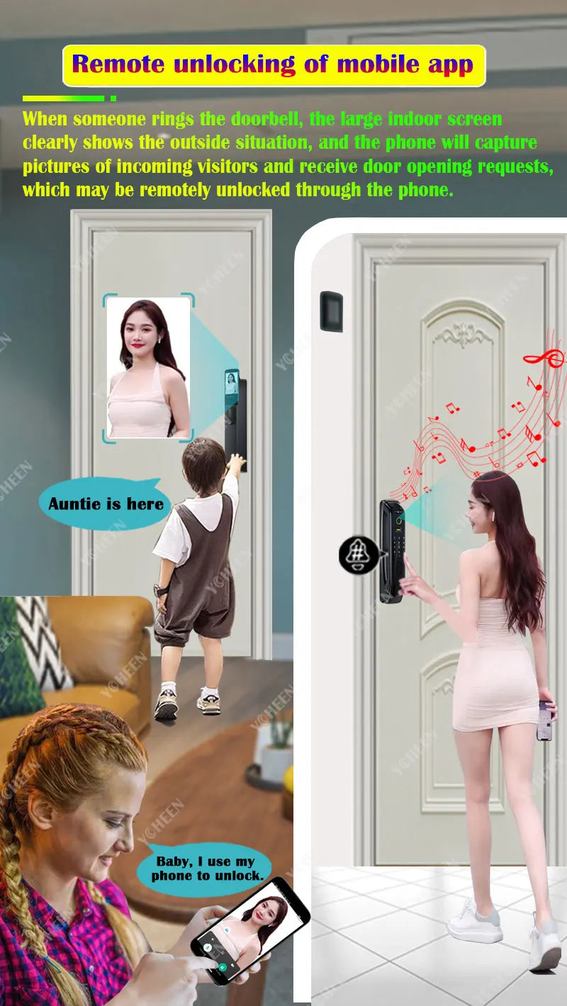 Tuya WiFi Video Intercom 3D Face Recognition Smart Lock, Biometric Camera Auto Keyless Lock for 5050 5072 5572 4585 6085 Mortise
