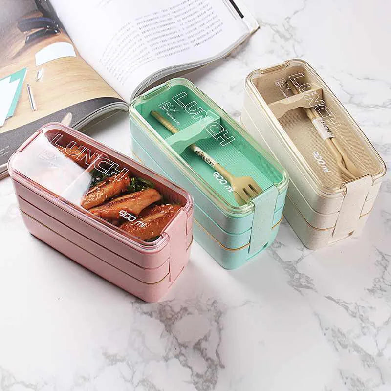 Kitchen 900ml Microwave Lunch Box Wheat Straw Dinnerware Food Storage Container Children Kids School Office Portable Bento Box