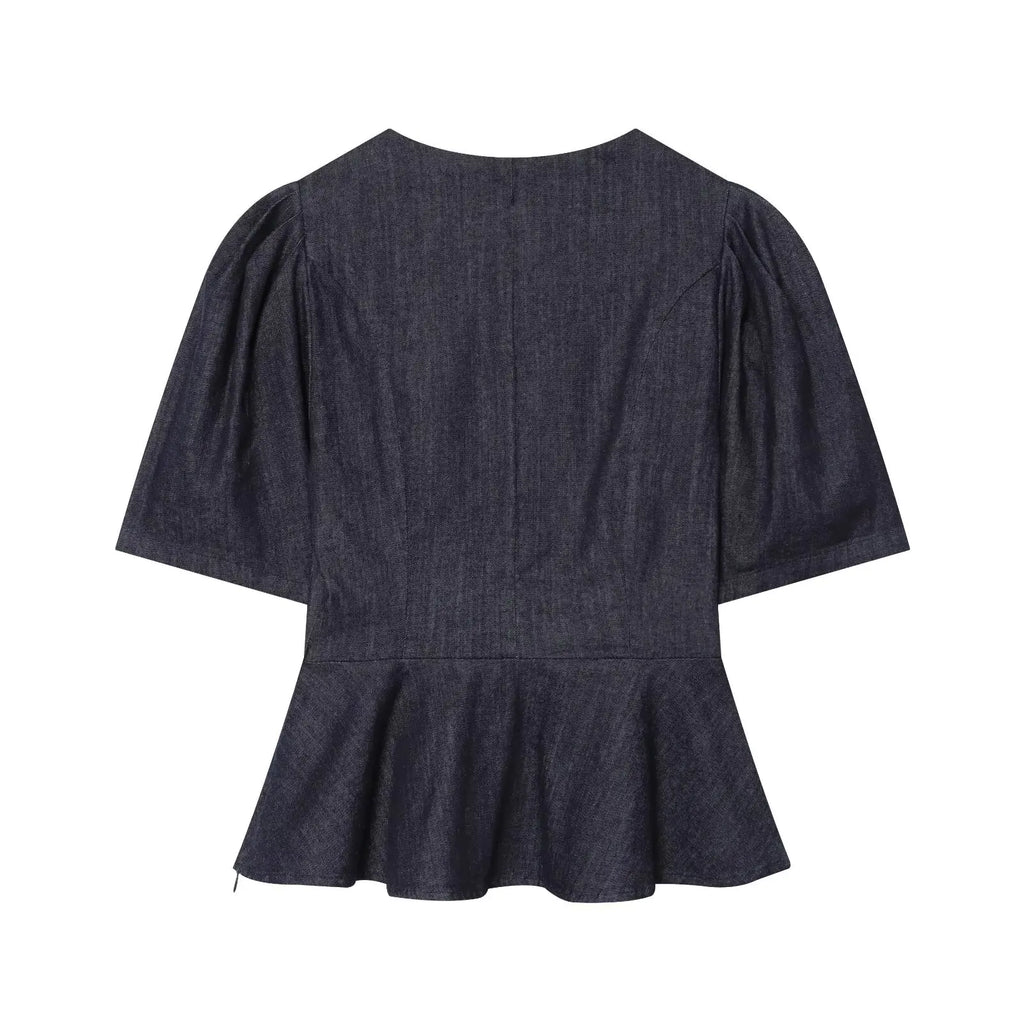 Denim Women's Shirts Blouse 2026 Summer New Fashion Slim V-neck Blouses Women's Summer Chic Travel Holiday Youth Shirts Tops