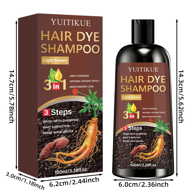 YUITIKUE Light Brown Hair Dye Shampoo 100ml 3-in-1 Gray Coverage Instant Moisturizing Hair Color Care