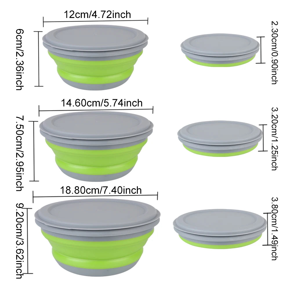 Folding Lunch Box Bowl Sets Silicone 3Pcs/Set Food Container Tableware Set Foldable Salad Bowl with Lid Portable