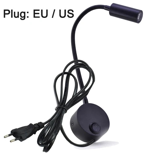 Wall Lamps LED with Switch EU US Plug 3W Modern Reading Bedroom Bedside Lamp Black Silver Flexible