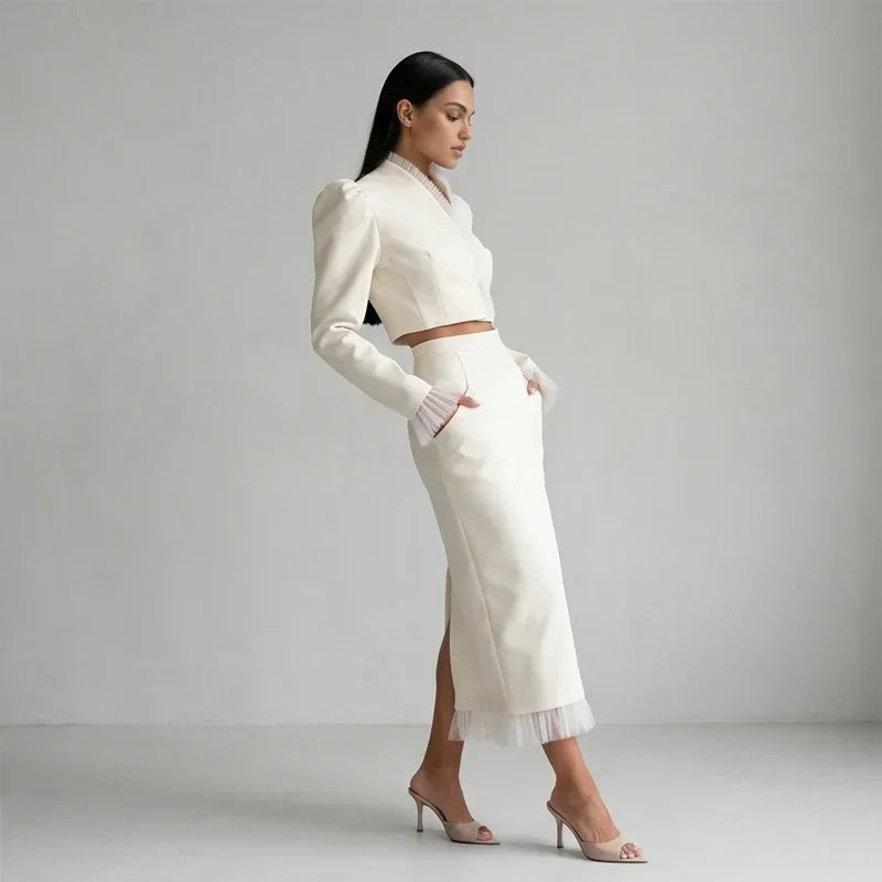 White Women's mesh two piece set Puff Sleeve V Neck blazer two piece dress set Daily Commuter Party  Outfit 2026 Summer Style