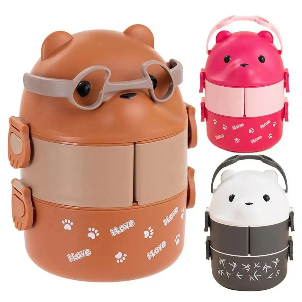 Eyeglass Bear Thermal Bento Box Stackable Bento Box Portable Cute Cartoon Children Lunch Box Double Layer Food Storage Container