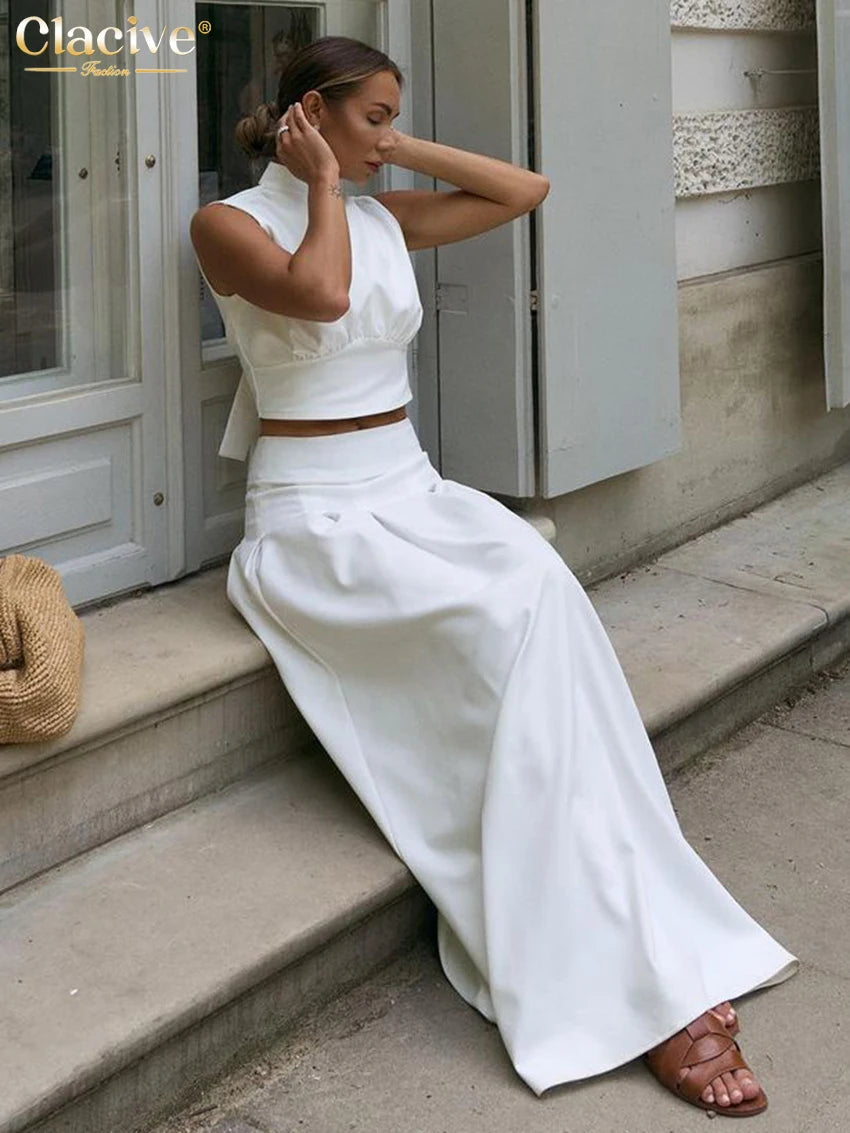 Clacive Summer Loose White 2 Piece Sets Woman Outfit 2025 Fashion Sleeveless Tank Top With High Waist Long Skirt Set Streetwear