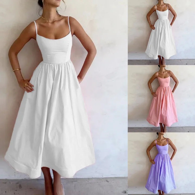 KIDCRKJ Women's U-neck Summer Dress Elegant Sleeveless Camisole Slim Pleated Sundress Loose Host A Performance Party Long Dress