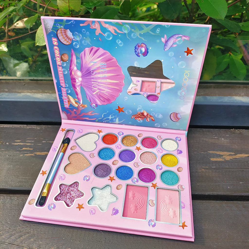 18-color children's makeup set, pearlescent matte and glitter effects, easy-to-apply makeup palette, birthday Christmas gift
