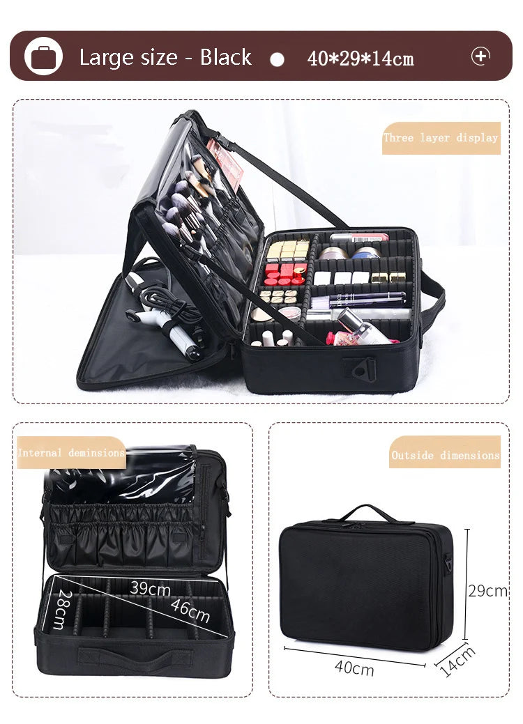 Large Capacity Makeup Case - 3 Sizes Cosmetic Organizer Brush Bag Barber Train Case for Makeup Artists Hair Cutter Sets
