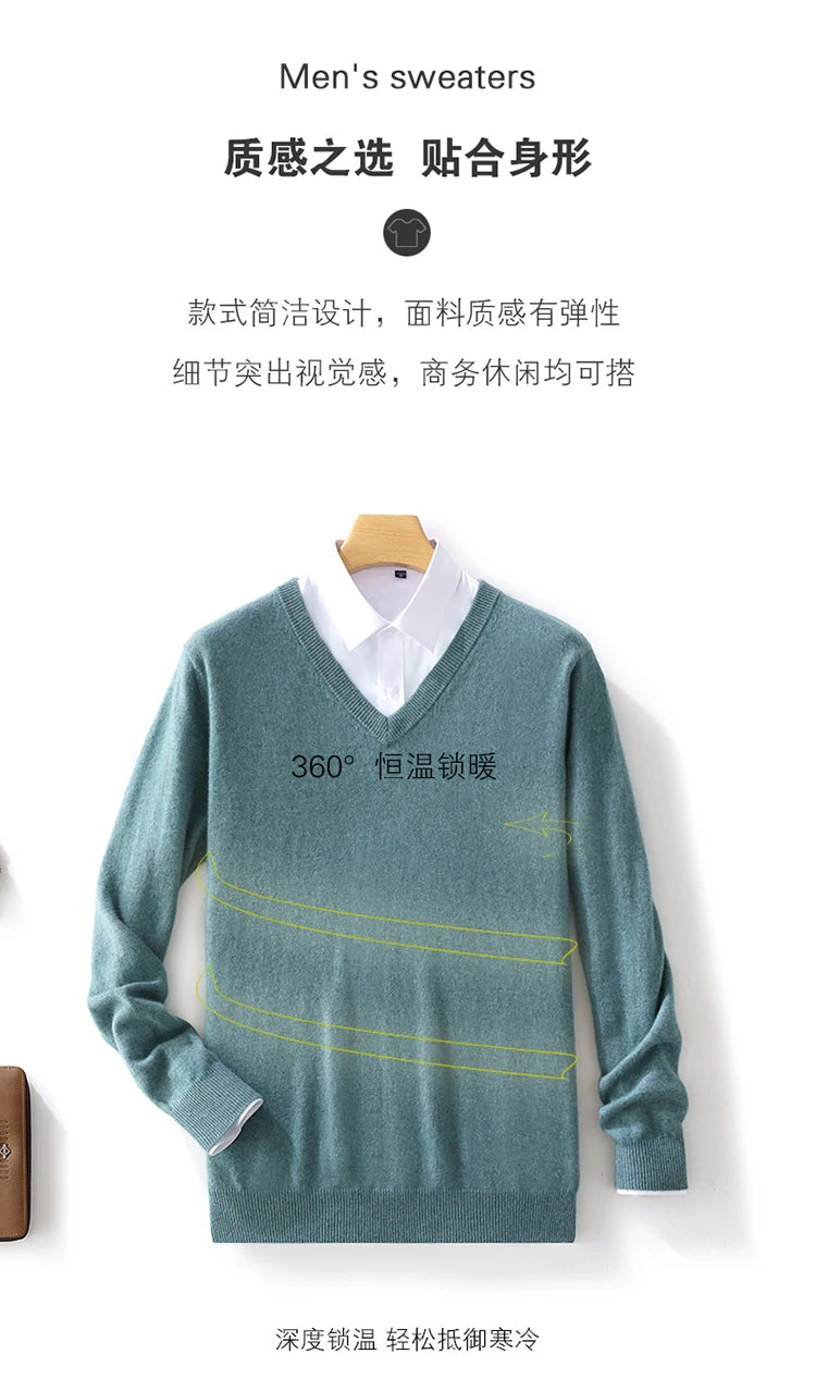 100% Merino Wool Men's V-Neck Pullover Autumn and Winter Basic Knit Versatile Sweater Casual Long Sleeve Shirt Cashmere Man Top