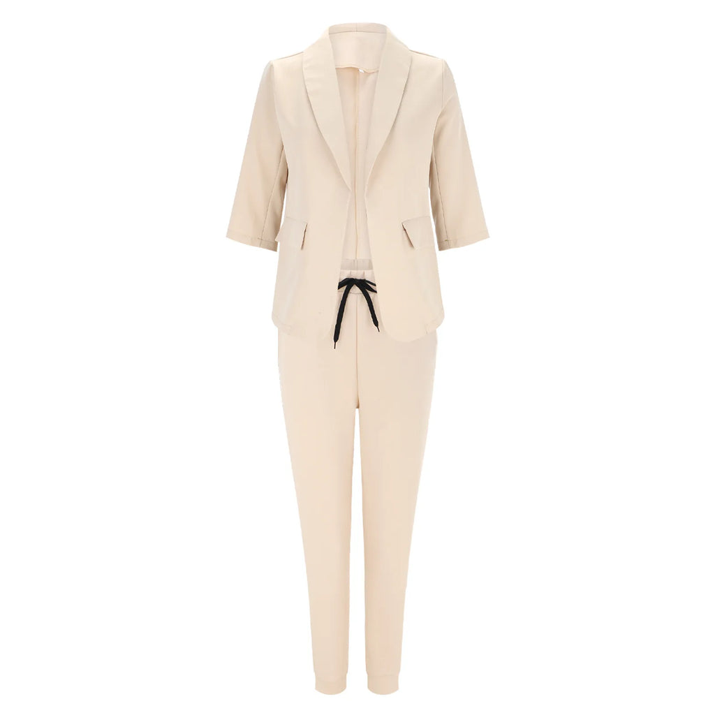 2024 Women's Two Piece Pant Suit Set Outfits Spring Autumn Turn Down Print Blazer Coat Drawstring Pants Suit Women Casual Sets