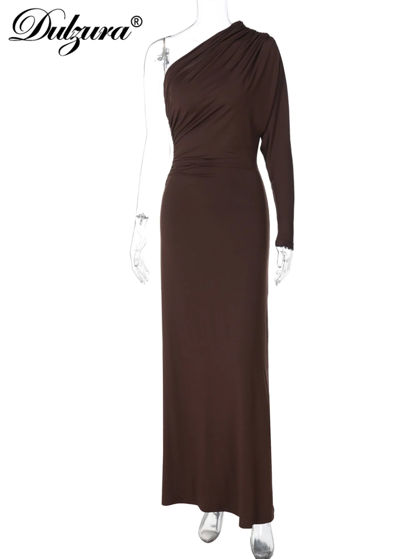 Dulzura One-Shoulder Long Sleeve Slim Fit Ruched Long Dress Women'S Solid Sexy Elegant Clothes Evening Party Club Autumn Clothes