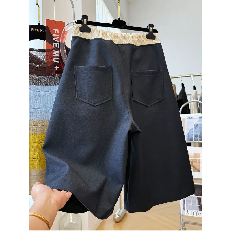 Women's Black Wide-Leg Shorts Contrast Elastic Waist Drawstring Loose Fit Casual Summer Bot