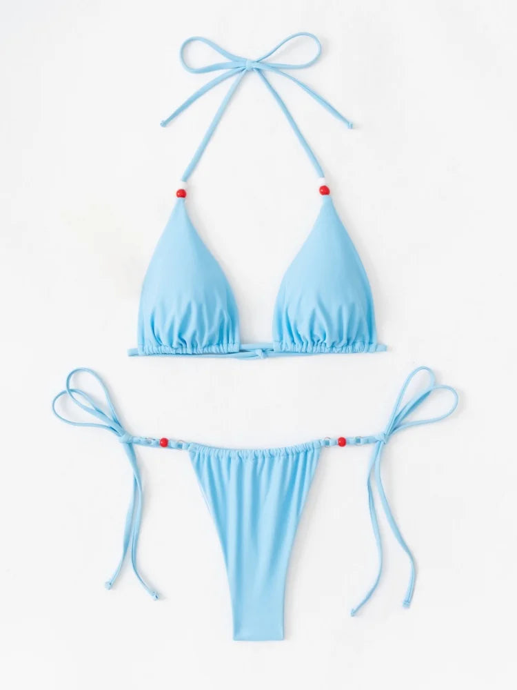 Sexy Bikini Set Bandage Swimwear Women Bathing Suit Beading Cinjunto De Dos Piezas Mujer Low Rise Swimsuit Biquine Brasileiro