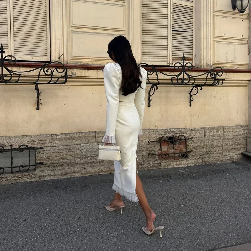 White Women's mesh two piece set Puff Sleeve V Neck blazer two piece dress set Daily Commuter Party  Outfit 2026 Summer Style