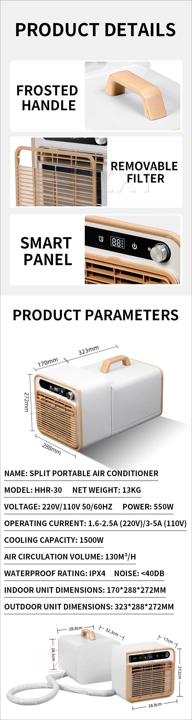1500W Cooling 500W Portable Split Air Conditioner  Power 110V/220V No-Install Self-Evaporating for Camping Tent RV Car