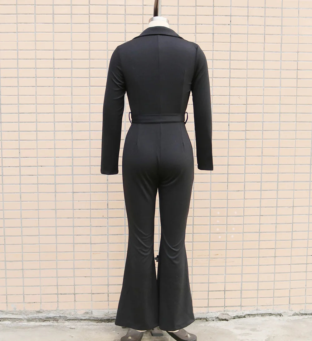 Women's Autumn Winter Elegant Turn Collar Long-Sleeve Shirt Jumpsuit Rompers