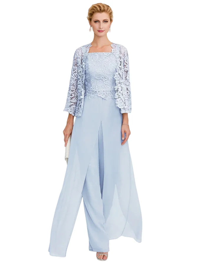 Jumpsuit Pantsuit 3 Piece Floor Length Sleeveless Square Neck Elegant Formal Wedding Guest Chiffon Mother of the Bride Dress