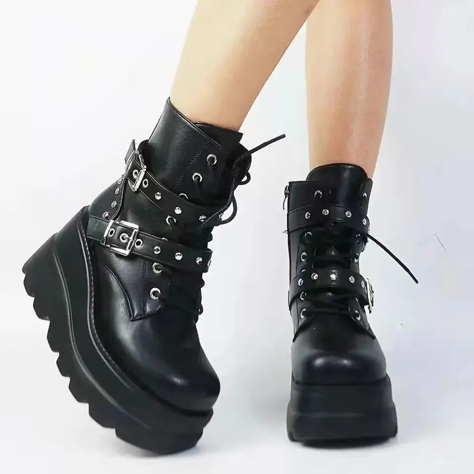 New Women's Pu Leather Ankle Boots Women Autumn Winter Round Toe Lace Up Shoes Woman Motorcycle Platform Botas Gothic Shoes