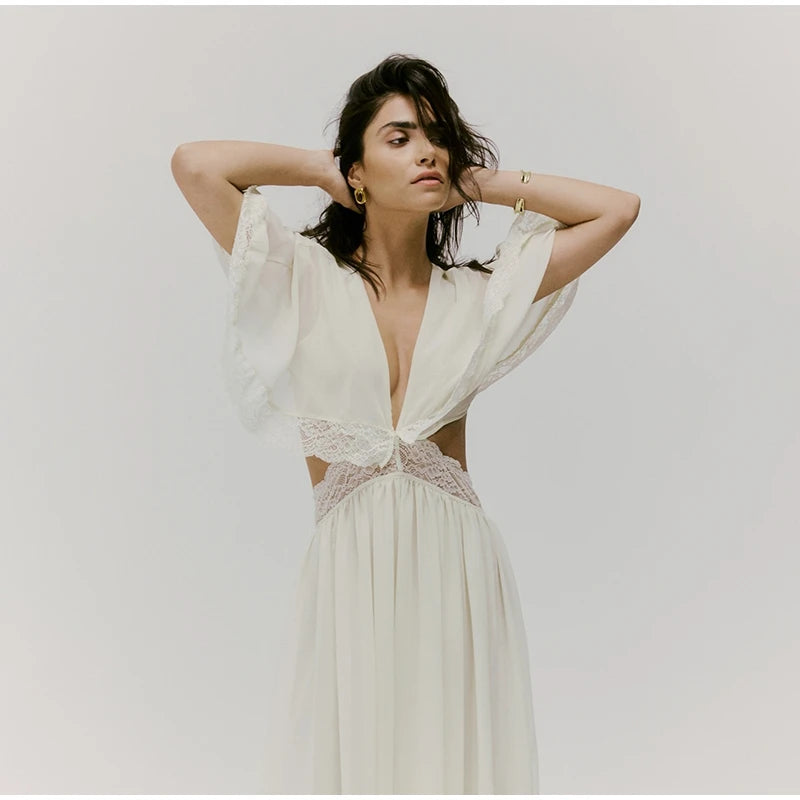 Lightweight Chiffon V-Neck Lace Insert Waist Maxi Dress Cutout Puff Sleeve 2026 Summer Women Party Dress Trendy Chic Lady Outfit