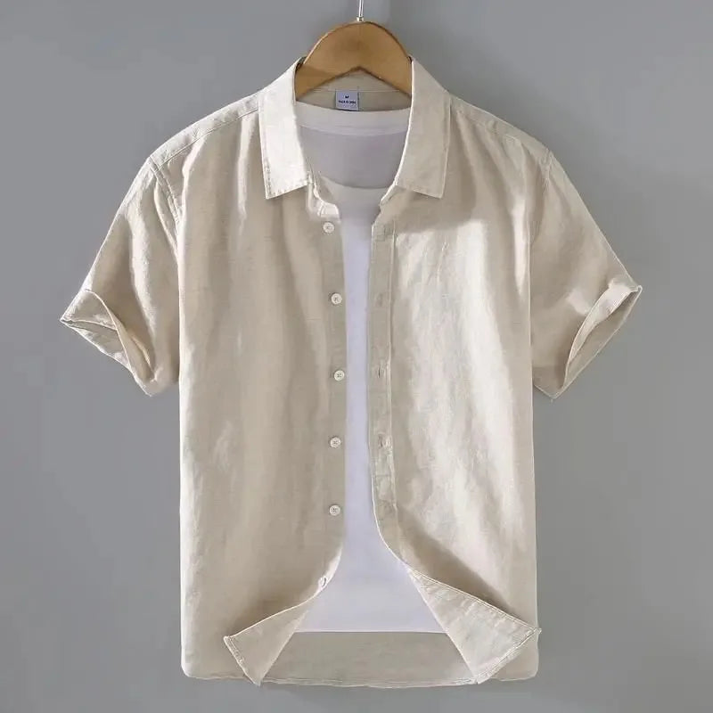 High Quality Cotton Linen Men's Summer Fashion Shirt Solid Color Simple Casual Short Sleeve Blouses Basic Thin Breathable Tops