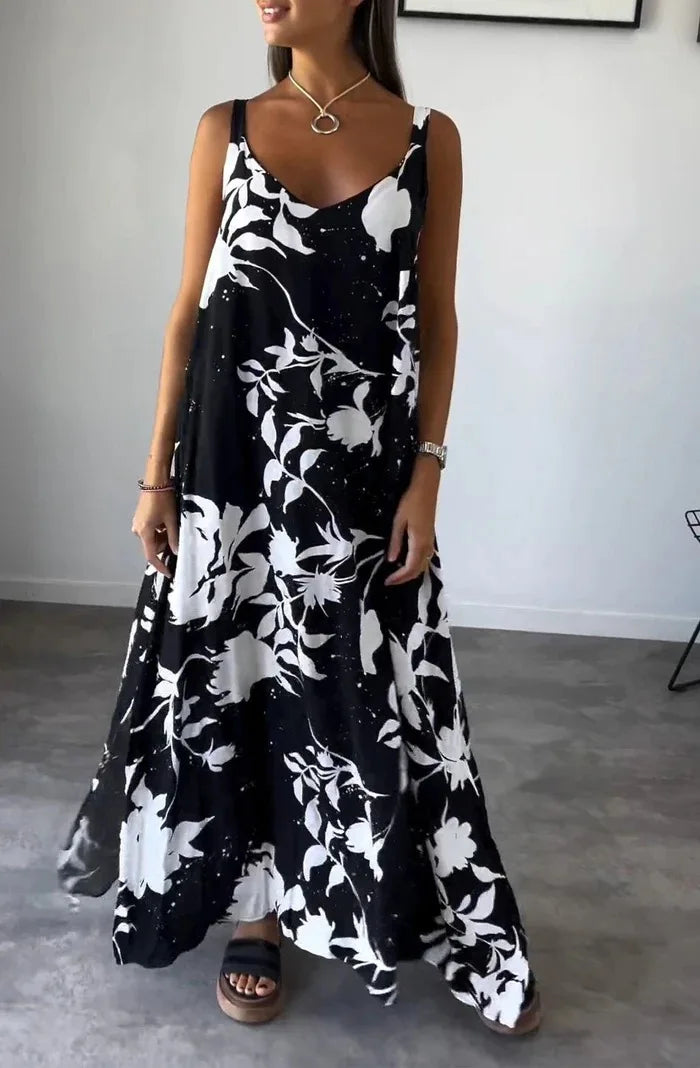 Vestidos Summer Women's Fashionable Printed Camisole Backless Casual Dress 2025 Sexy Women's V-neck Loose Beach Maxi Dresses