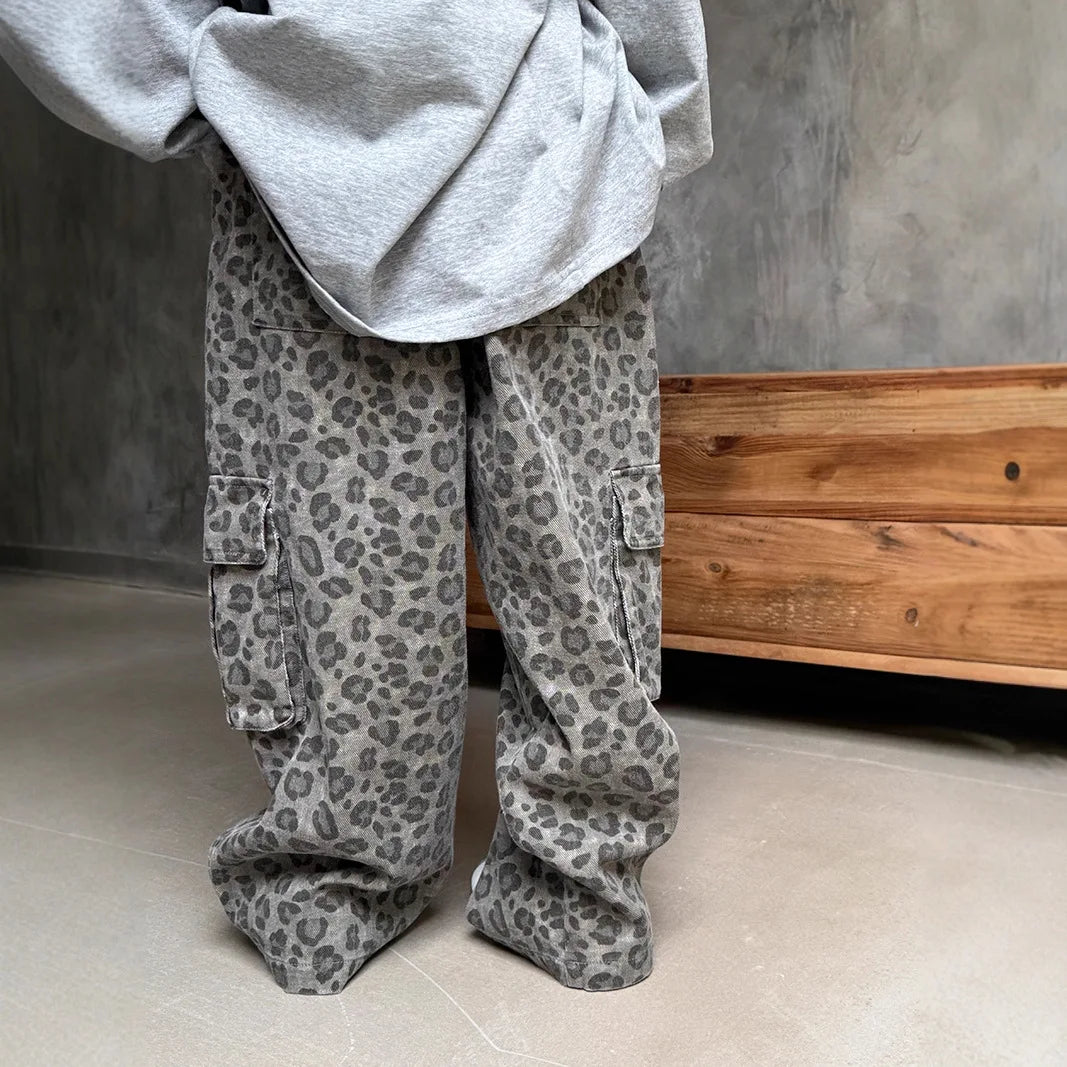 Boys Girls Spring Autumn Cargo Pants 2025 New Fashion Casual Daily Leopard Print Long Trousers for 2-11Y Kids