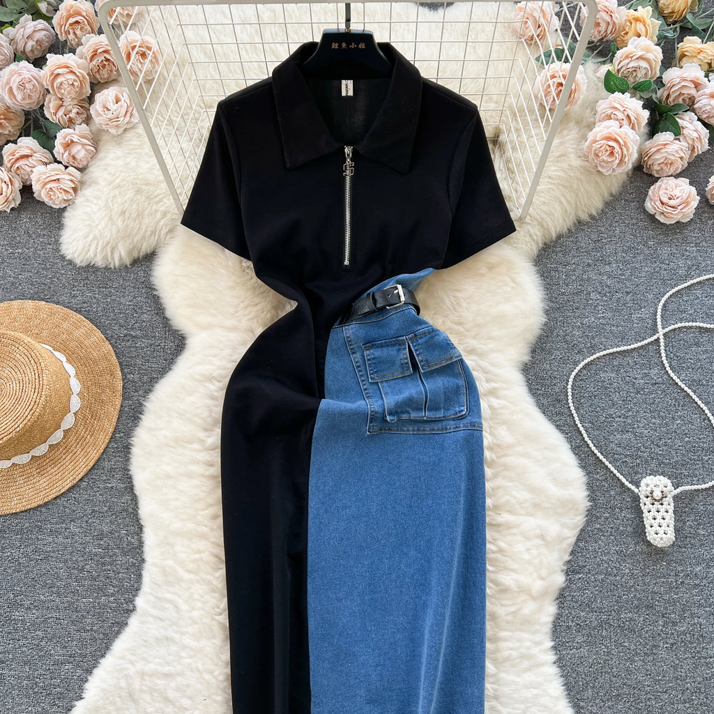 Women Design Contrast Color Splicing Denim Slim Mid-length Short-sleeved Temperament Youth Woman Summer Dress
