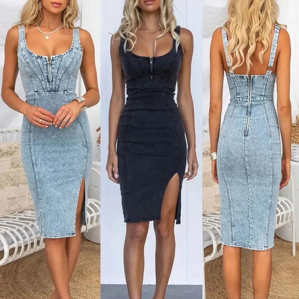 Sundress Women Denim Sheath Dresses Sexy Streetwear Sleeveless Distressed Backless Zipper Slip Dress 2025 Summer Vestidos