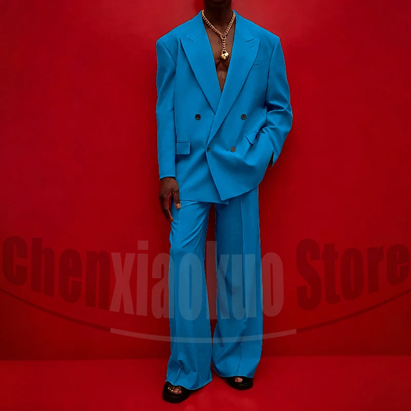 Men's Double Breasted Suit Set Oversized Blazer and Wide-Leg Trousers Fashion Casual Formal Outfits for Streetwear Party