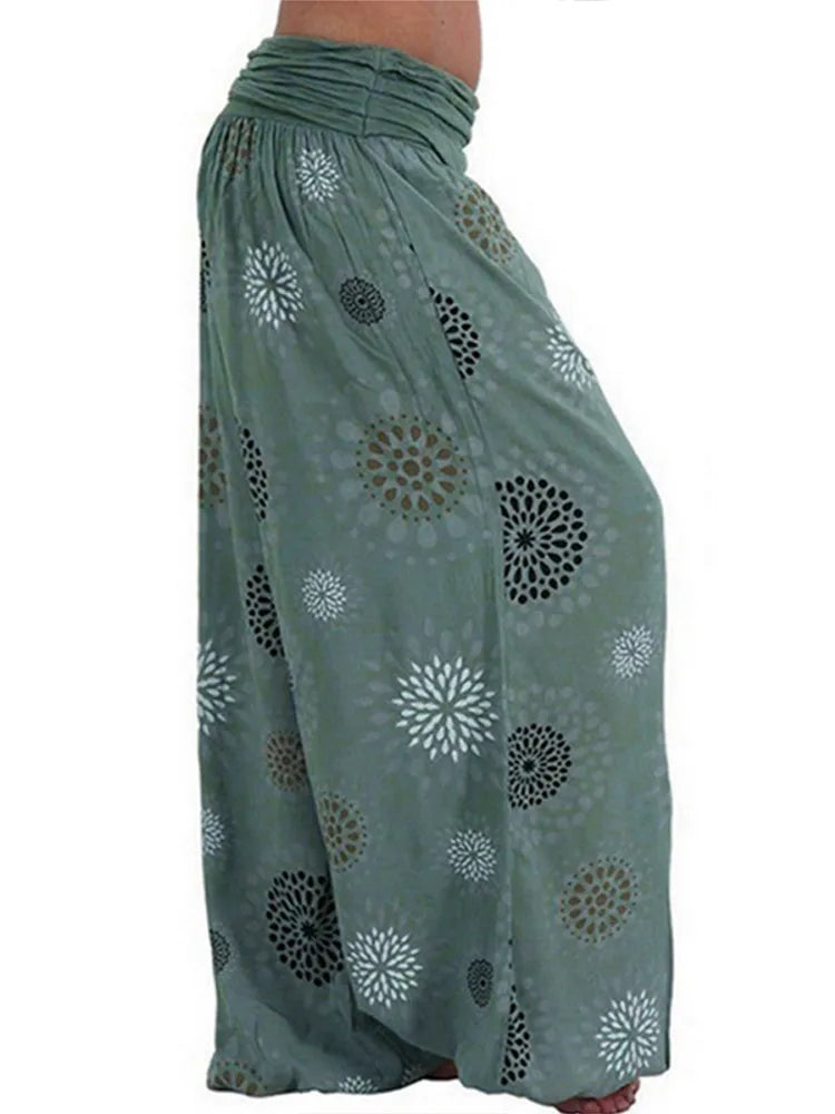 Women's Pants Floral Printed Patchwork Pleaded Harem Pants Bohemian Female High Waist Wide Leg Trousers Casual Ladies Streetwear